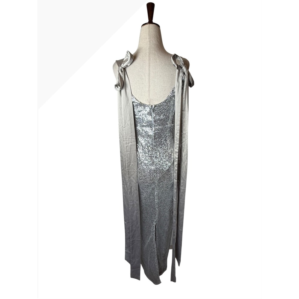 Angel Biba Sequin Maxi Dress Women Small Silver Satin Tie Gown NWT Party - Picture 3 of 13